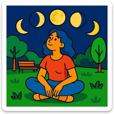 colorful cartoon style of a woman sitting on the grass in a park, looking up, surrounded by the moons of the 4 phases sticker