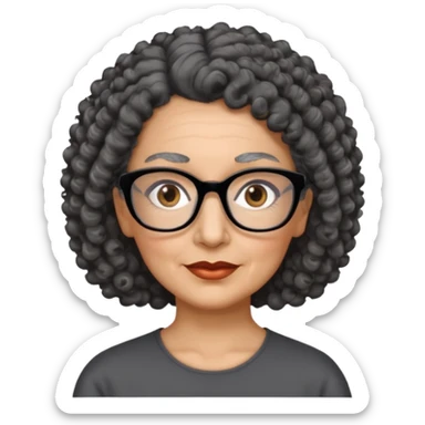 femme 60 ans cheveux gris foncé très bouclé attaché et yeux marrons foncé,  lunettes rectangle noir sticker