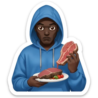 MF DOOM in a blue hoodie holding a piece of meat sticker