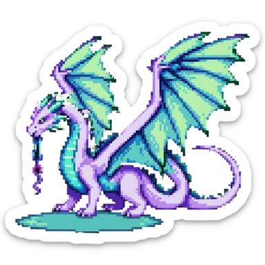 mysterious dragon with a long tail, large wings, and a magical aura, in green, blue, and purple sticker