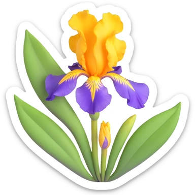 Detailed iris flower with rich purple color, classic iris structure with three hanging falls and three upright standards, green stem and leaves sticker