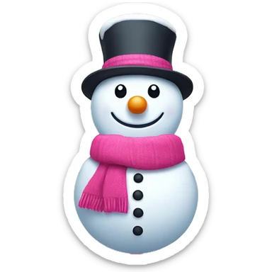 Smiling pink snowman with a small hat and scarf, surrounded by snowflakes sticker