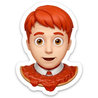 funny theater actor portrait, head and shoulders only, covered in tomato sauce, shocked wide eyes, awkward smile, stage costume collar, 3D cartoon, mobile game icon style, clean background, no text, no watermark
 sticker