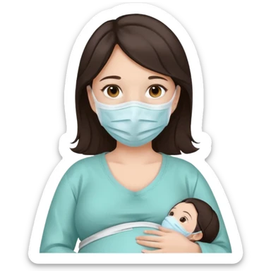 a pregrant lady with dark brown hair? Hair lengt above shoulder, wearing medical face mask sticker