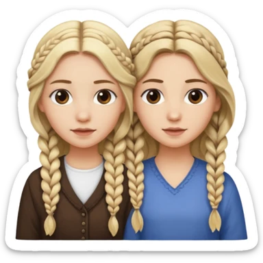Sister with long wavy loose flowing blonde hair and  sister with DARK BROWN HAIR WITH ONE BRAID on one side.   sticker