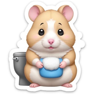Cute chubby cartoon-style hamster sitting on toilet, sticker-style illustration sticker