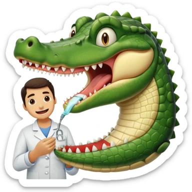 an alligator opening its mouth with a dentist sticker