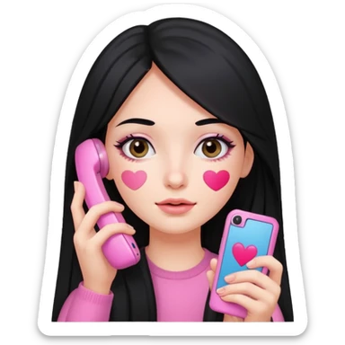 Chica de pelo negro y largo con un móvil rosa y parches de skincare debajo de los ojos sticker