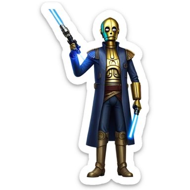 tarnished undercover tough well-equipped Jedi  life-sized darkblue-pearl C3po leather vest clothing pants and vest old west duster coat holding light saber sheriff sticker