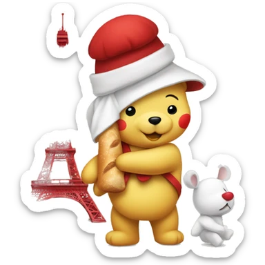 parisien style white pooh (female), with red beret on head like painter and baguette in arms, and with eiffel tower in background sticker