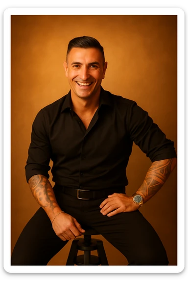 Make the man appear more energetic and vital with a warm atmosphere and a more radiant smile, in a realistic style, aspect ratio 2:3. sticker