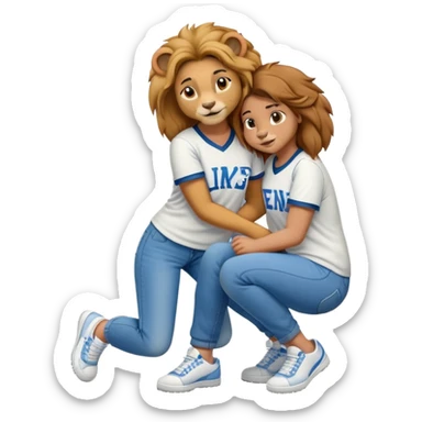 friendly anthropomorphised female lion wearing a baseball shirt, jeans, and trainers, on her hunches, comforting a friend sticker