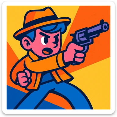 cartoon boy with pink skin and blue hair, wearing a stylish hat, aiming a gun, vibrant colors sticker