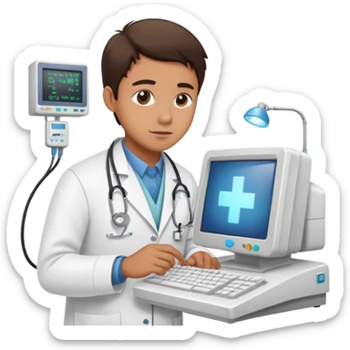 IT technician repairing a computer in hospital sticker