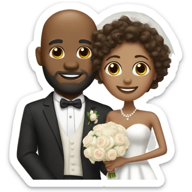 Black bald man with a beard and his wife with long, brown, curly hair on their wedding day sticker