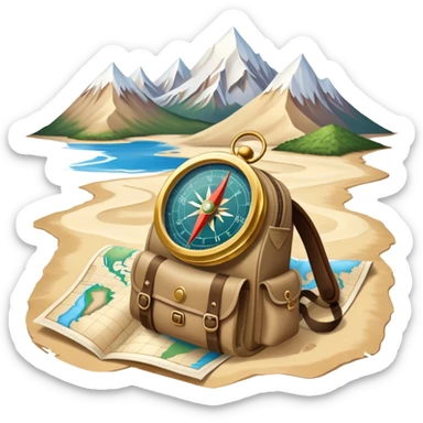 Icon for Expeditions: a compass, a map, and a backpack with trekking gear, set against a backdrop of snowy mountains, sand dunes, and tropical islands. The icon should represent the spirit of adventure and exploration in diverse landscapes. Transparent background. sticker