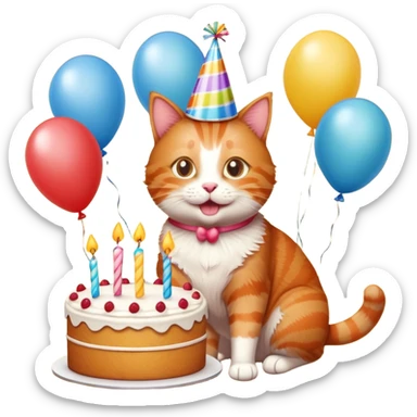 Ginger cat celebrates birthday, birthday hat, birthday cake, balloons, happy sticker