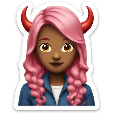 Girl with long pink hair and red devil horns and blue jacket sticker