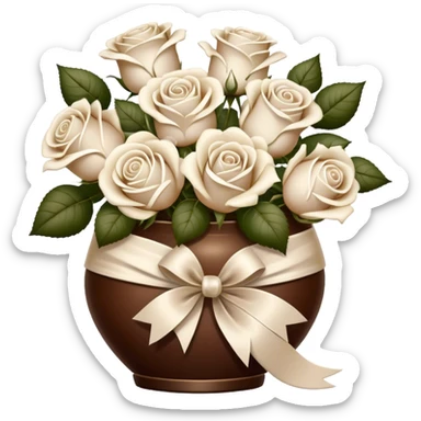 Ivory-colored love letter and a bouquet of white and pearl roses in a vintage-style brown vase sticker