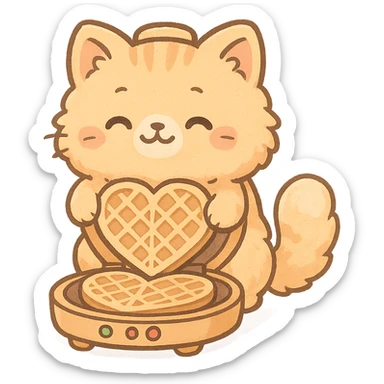 cute chibi style soft fluffy cat as a waffle maker, showing heart-shaped waffles, pastel orange, full-body sticker
