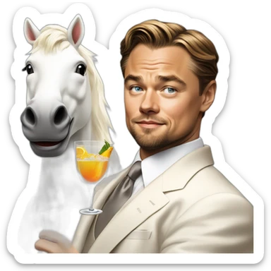 Leonardo DiCaprio smiling, raising a glass of cocktail and riding a white unicorn as a rich billionaire sticker