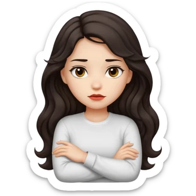 girl dark long wavy hair crossing her arms with slight pout sticker