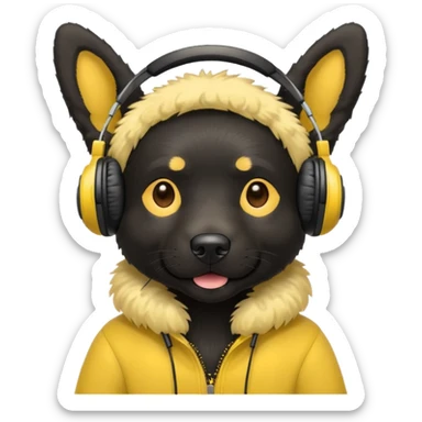 stylish black dog wearing yellow headohones sticker