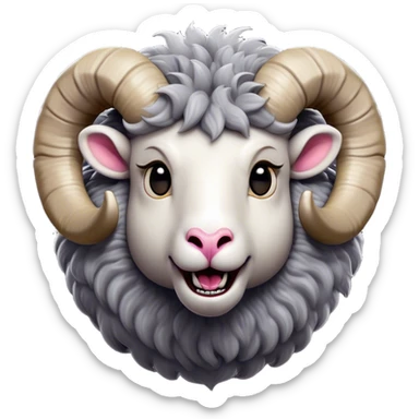 Cinematic Comical Ram Portrait Emoji, Head tilted dramatically with an exaggeratedly amused expression, featuring a striking woolly grey fur with impressively curled horns, wide, expressive dark eyes filled with playful disbelief, Simplified yet hilariously expressive features, highly detailed, glowing with a slightly sassy glow, high shine, dramatic yet playful, stylized with an air of cheeky mischief, bright and endearing, soft glowing outline, capturing the essence of a spirited and over-the-top ram, so meme-worthy it feels like it could butt its way into internet fame instantly! sticker