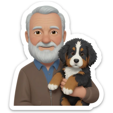 old gentle man holding a bernese mountain dog puppy sticker