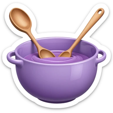 a lilac ceramic mixing bowl with a wooden spoon stirring sticker