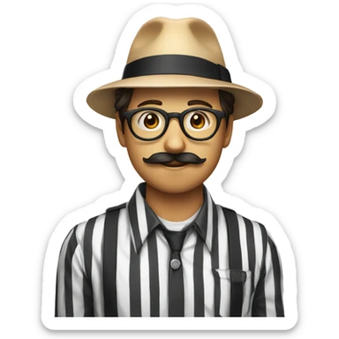 Nerd face circle emoji with black and white long sleeve striped shirt and a fedora and a mustache and a baguette and a cigarette in hand sticker