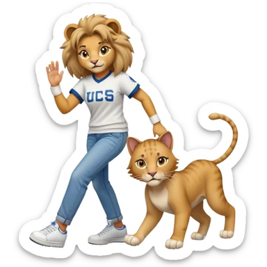 friendly anthropomorphised female lion in a baseball shirt, jeans, and trainers helping a hiphop female cat up after falling sticker