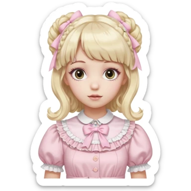 pale girl , who has curly medium length blonde and baby pink swirled hair with bangs , grey eyes , and doll like makeup , in a light pink lolita hime gyaru dress emoji | AI Emoji Generator black hair sticker