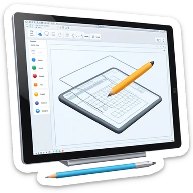 Create an emoji for 3D visualization and modeling. Show wireframe model that pops out from the screen of a large graphic tablet with a stylus drawing in a 3D modeling program. Use modern, professional colors. Do not include any emojis or smiley faces. Make the background transparent. sticker