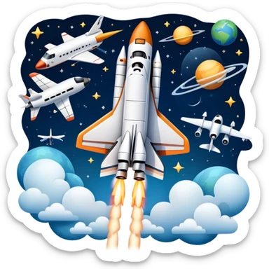 An icon featuring a space shuttle, a drone, and an airplane against a starry sky, symbolizing aerospace technology. The design includes rocket boosters and satellite orbits, representing the exploration of space and advanced aviation. Transparent background sticker