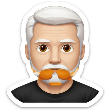 White haired muscled adult man with a black t-shirt. He has white beard and a long goatee. Dark brown eyes. Strong neck. Attractive. sticker