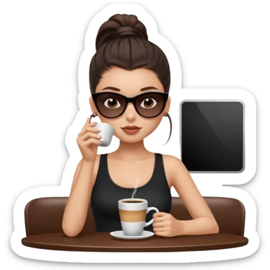 generate a pretty fair bratz girl with dark brown eyes, dark brown eyes tied into a slick back ponytail, thin brown sunglasses. Wearing a black cami top and drinking coffee sticker