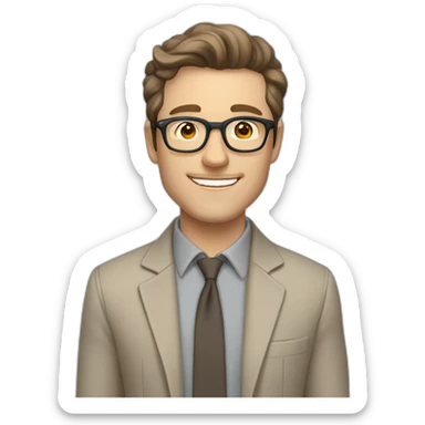 Joyful Pale skinned Fit Man With dark brown hair in gray jacket, beige office shirt, Brown pants and vintage glasses. His thrumbs up sticker