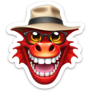 Crazy funny red dragon head with human white teeth and beautiful smile wearing glasses and hat sticker