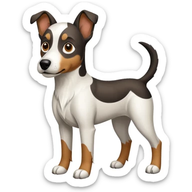 a full body large white floppy eared parson russell looking dog the size of a kelpie with light brown ears and a light brown patch on one eye and a large snout sticker