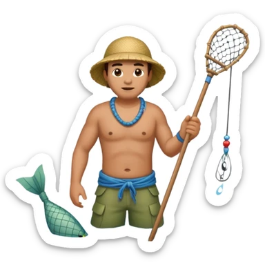 A Polynesian fisherman standing in the water fishing with a net sticker