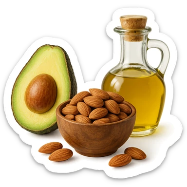 AVOCADO, BOWL DI MANDORLE E OLIO DI OLIVA, iperrealistico 4k, ISOLATA SU SFONDO BIANCO sticker