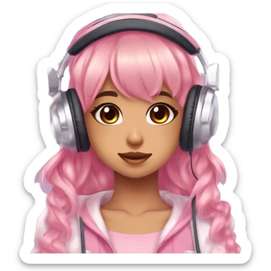 BROWN SKIN GAMER GIRL WITH BANGS AND WAVY HAIR gamingheadset pink kawaii gamer shiny blushing cute kawaii pastel anime trending style pink gaming headset gamergirl pastelcore sticker
