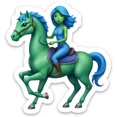 reptilian alien green woman, rides blue horse
 sticker