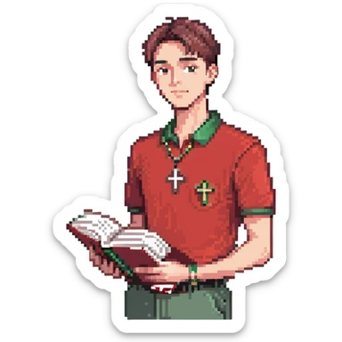 full body man wearing a red polo shirt, cross necklace, clean haircut, holding a book, head to toe sticker
