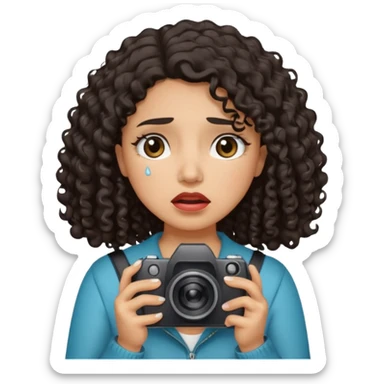 Hispanic Woman with shoulder length dark curly hair holding a camera crying tears sticker