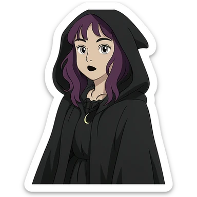 gothic woman with purple hair, witchy touch, wearing a black cloak, ghibli style sticker