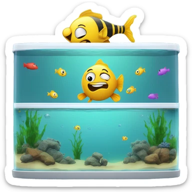 2 fish tanks, the one on the left is full of fish, the one on the right is full of water, one on the fish jumping into right one from the left one, and text on the top saying “im nothing like yall 😎😭😭😭” sticker