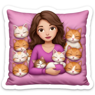 girl with long wavy brown hair, brown eyes, long lashes makeup, sexy pink lips, light to medium complexion,  sleeping on a cozy pillow, with 6 cute cats, sleeping sticker