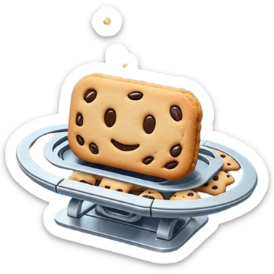 Half spaceship cookie factory floating in space, robotic arms baking in zero gravity, stars in background, futuristic emoji-style sticker